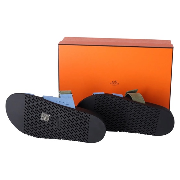 BNIB Hermes Womens Chypre Suede Bleu Cameo Vert Celadon Sandals Size 38 Full Set - Picture 6 of 7